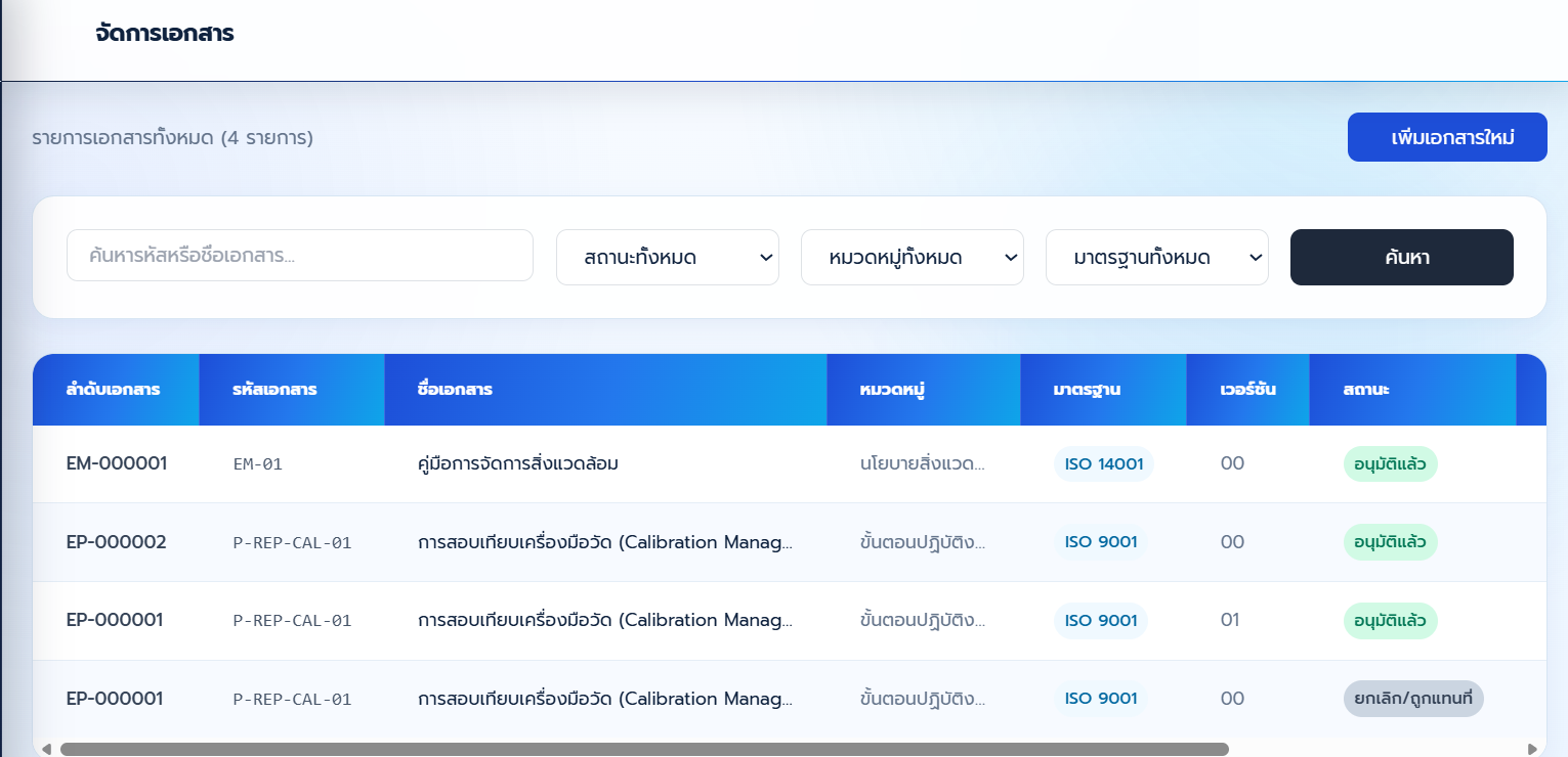 หน้าจัดการเอกสาร แสดงเลขเวอร์ชันและสถานะการอนุมัติ